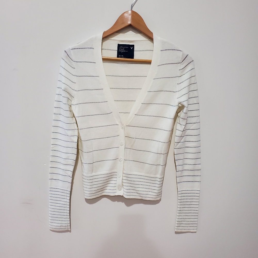 American eagle white cream sparkle silver stripe cardigan xs